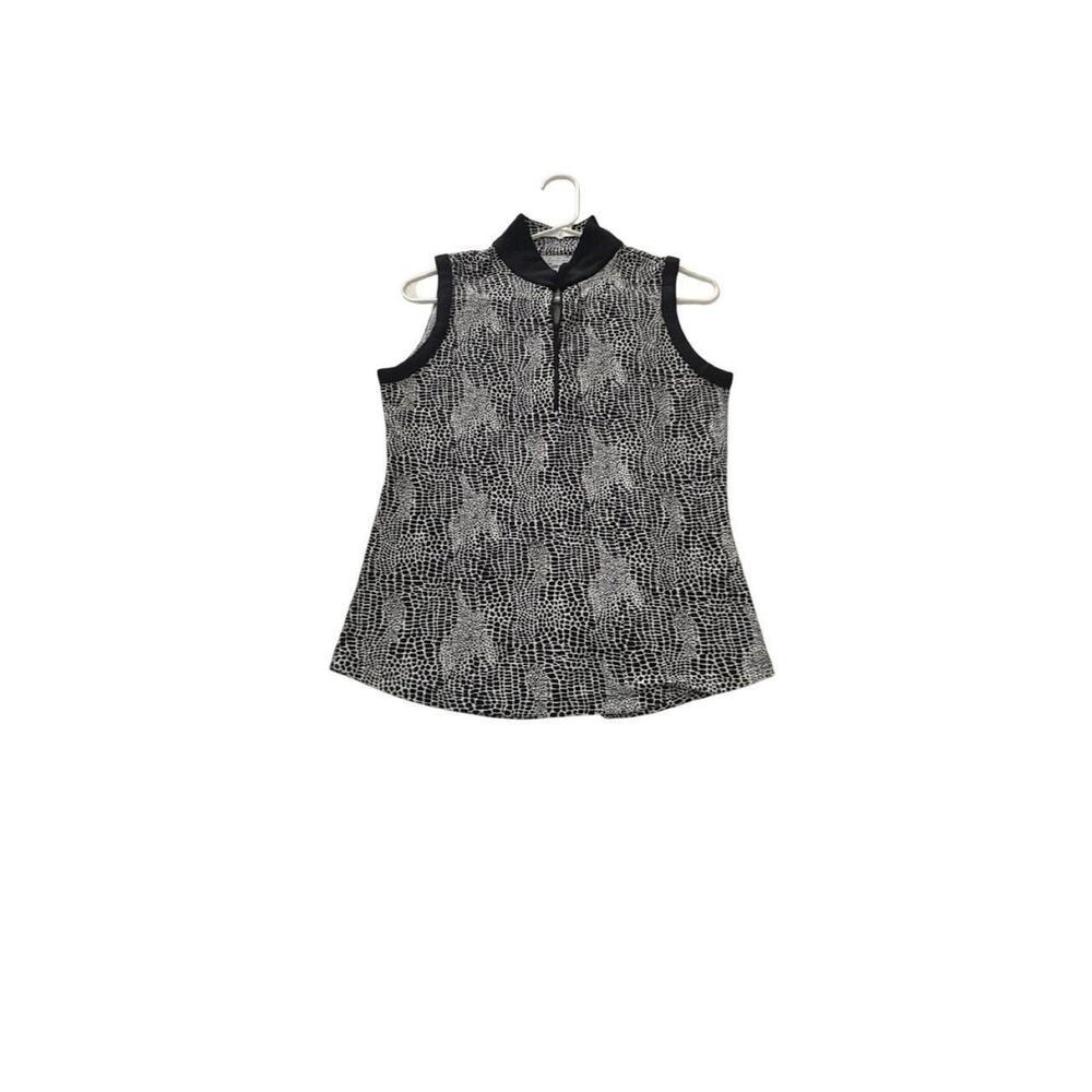 IBKUL Sleeveless pickleball Golf Polo Shirt Women's Black White Print Zip Neck S